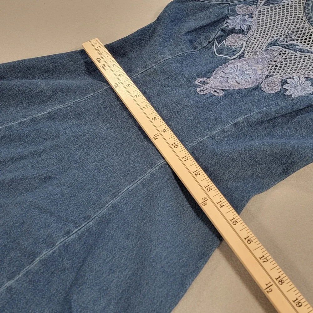 Vintage Styleworks Denim Maxi‎ Dress Blue Embroidered Mesh Floral Boho Women's 4 - Picture 8 of 12